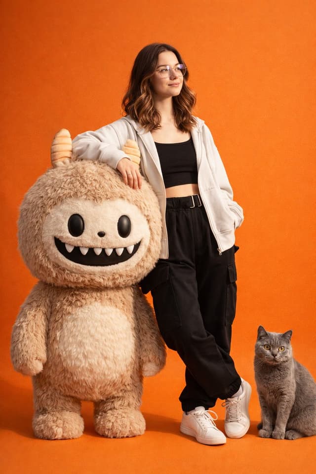 Gen-Z Fashion Portrait with Labubu and Cat Prompt — output