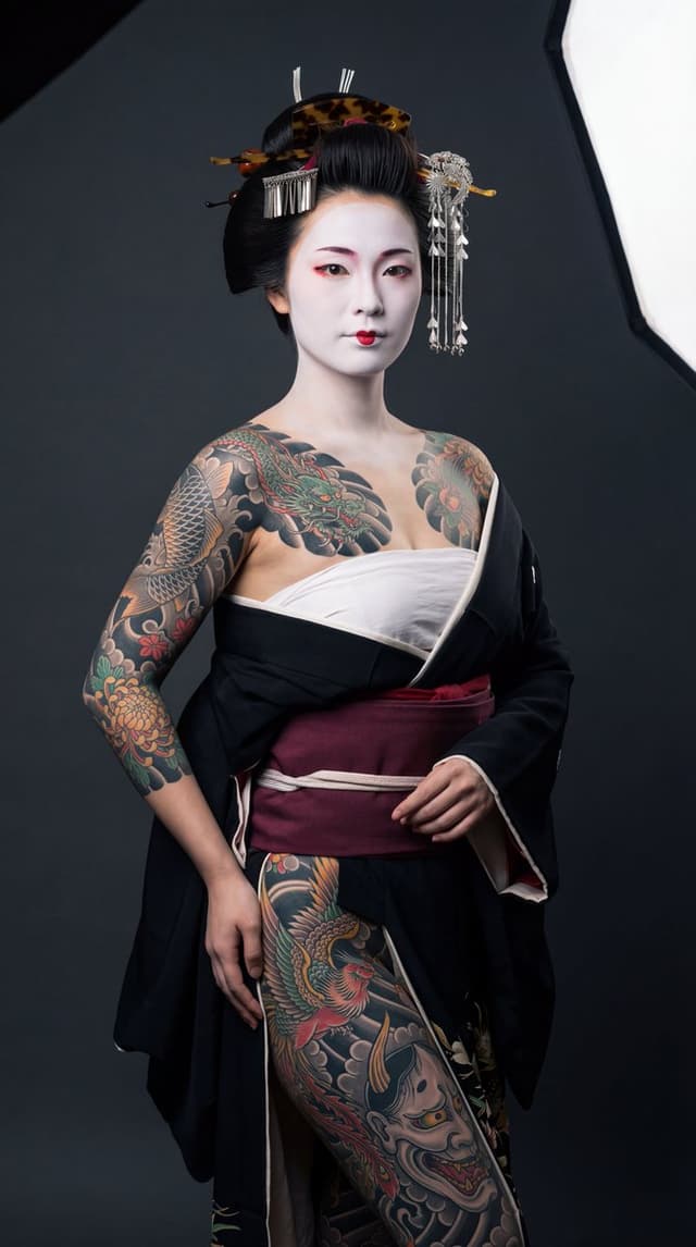 High-Contrast Geisha Irezumi Portrait Prompt — output