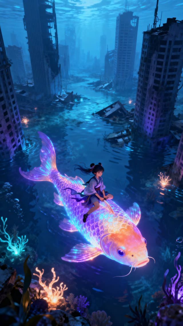 Chinese Style Girl Riding Bioluminescent Koi in Submerged City — output