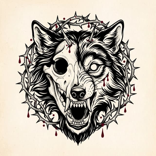 Snarling Wolf Bone and Thorns Tattoo Flash