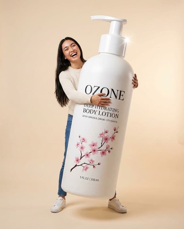 Studio Commercial Shot of Woman Hugging Giant Lotion Bottle — output