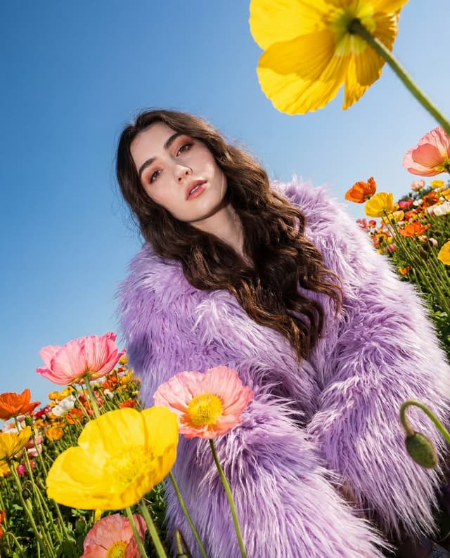 Harsh Flash Fashion Portrait in Flower Field Prompt — output