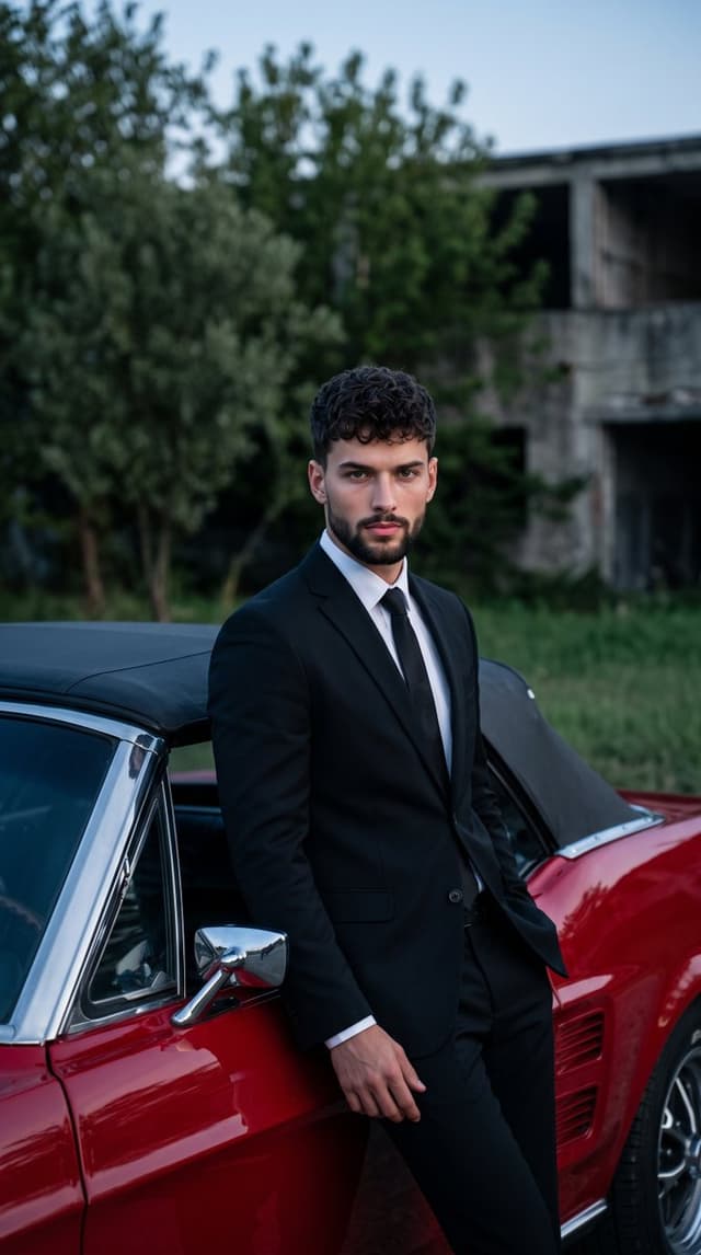 Product Marketing - Man Leaning on Classic Red Muscle Car — output