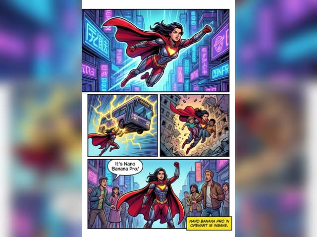 Marvel-style comic storyboard of a heroine — output