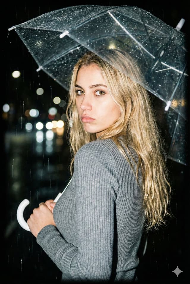 Nighttime Rainy Umbrella Portrait Prompt — output