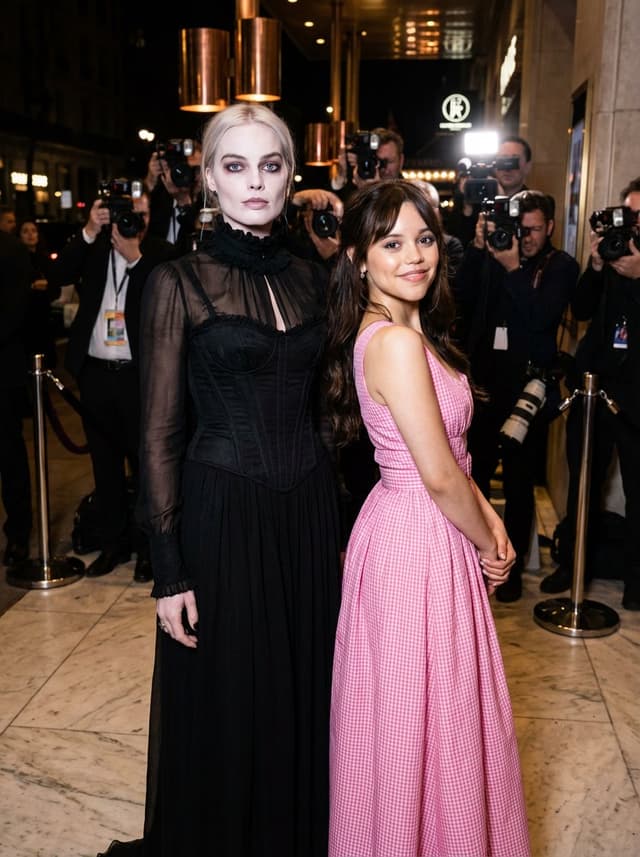 Product Marketing - Red Carpet Juxtaposition Prompt: Margot Robbie as Wednesday and Jenna Ortega as Barbie — output