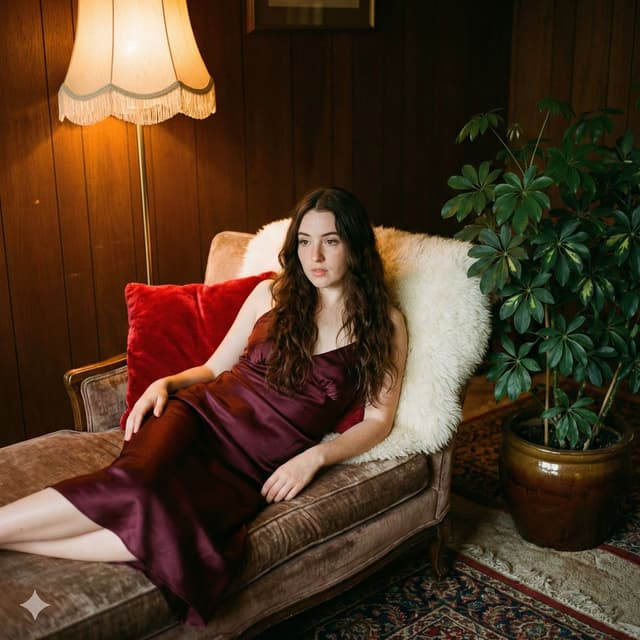 Vintage 70s analog portrait on a velvet sofa — output