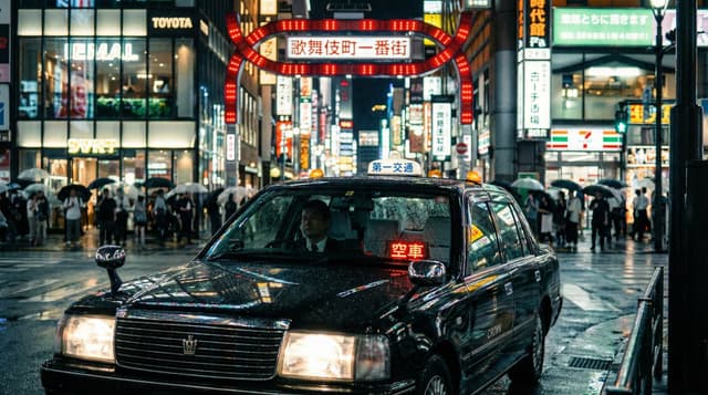 Cinematic taxi in rainy Kabukicho at night — output