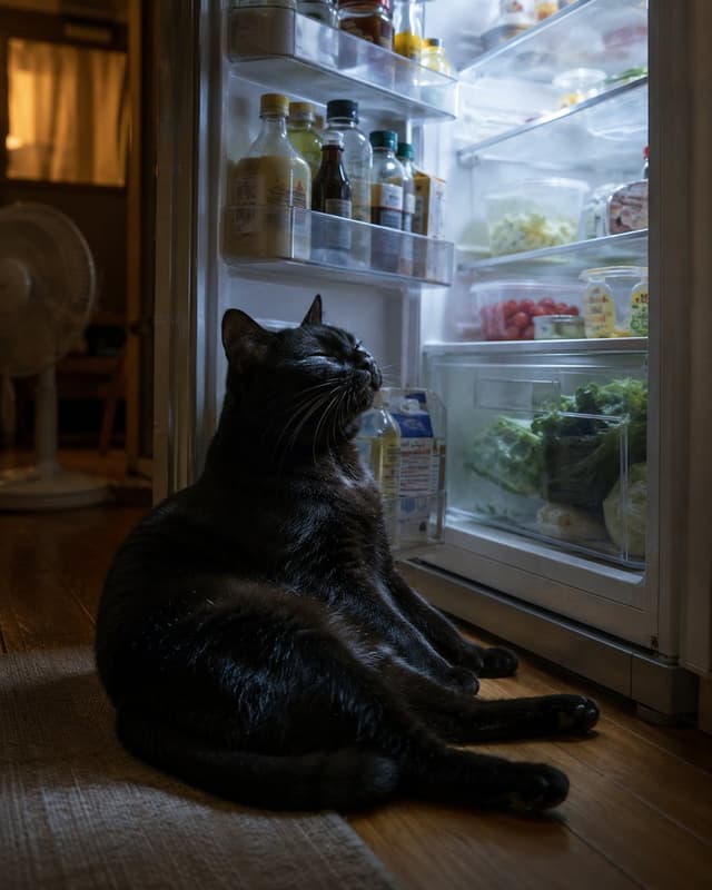 Social Media Post - Black Cat Cooling by Open Fridge — output