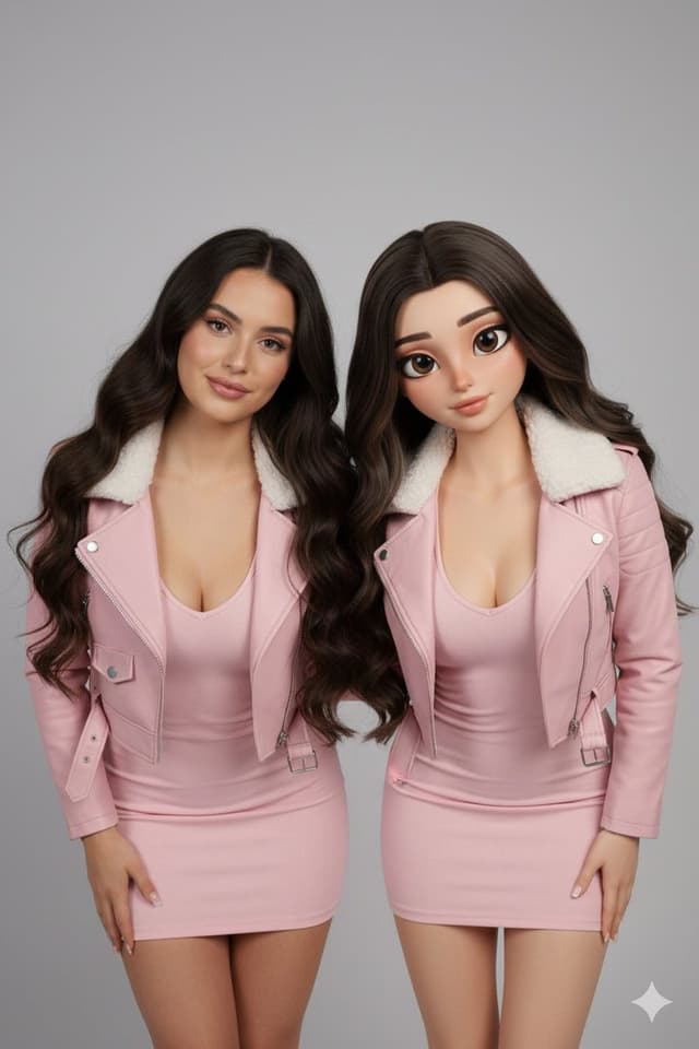 Realistic Human vs. 3D Character Side-by-Side Prompt — output