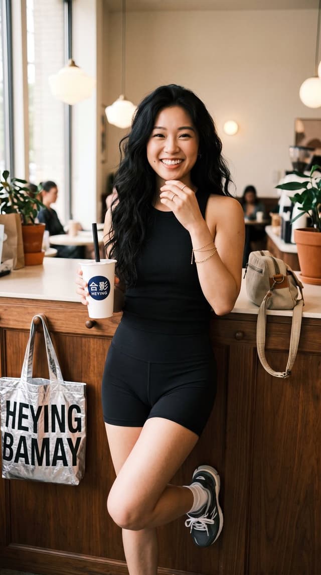 Social Media Post - East Asian Woman Bubble Tea Cafe Portrait — output