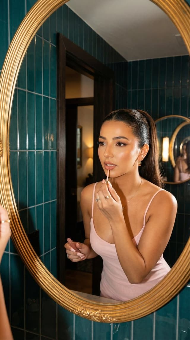 Glamorous Woman Applying Lip Gloss in Mirror Reflection — output