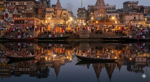 Varanasi ghats dual-timeline reflection scene — output