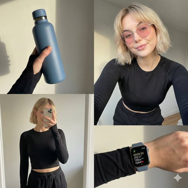 Profile / Avatar - Four-grid lifestyle collage of an Asian woman in activewear, post-workout — output