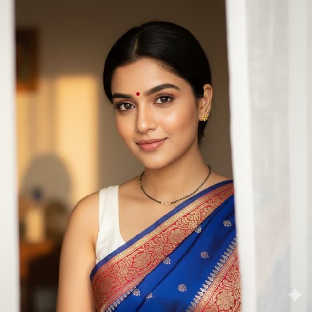 South Asian Woman Portrait with Saree and Sheer Curtains — output