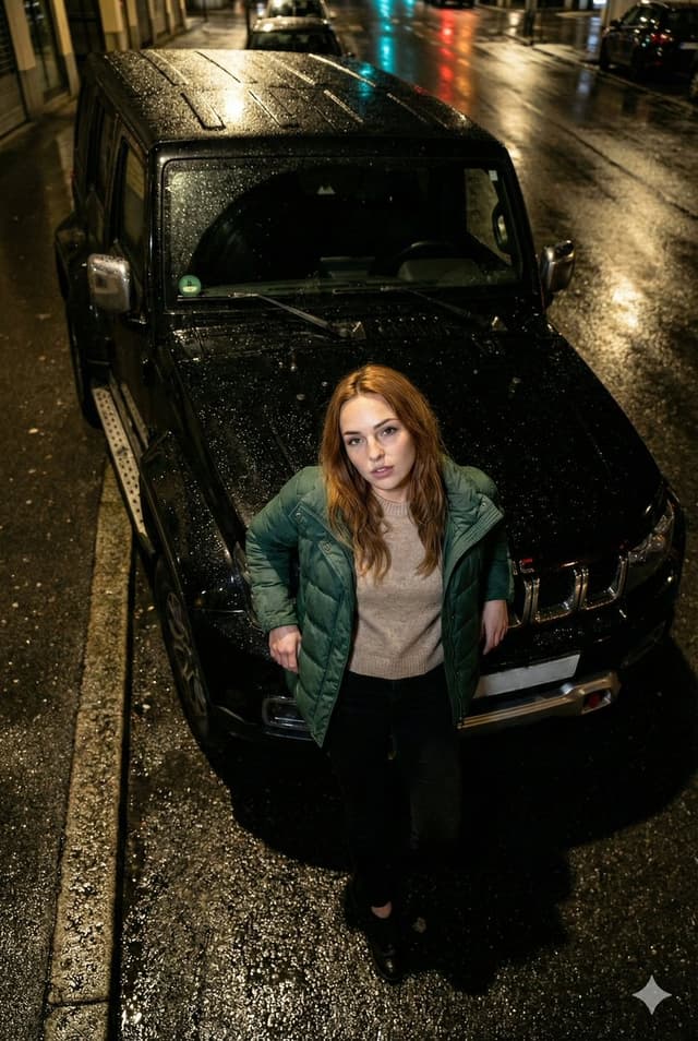 High-Angle Flash Photo on SUV Hood at Night — output