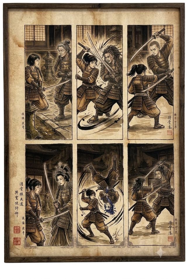 Comic / Storyboard - Samurai fight scene ukiyo-e triptych — output