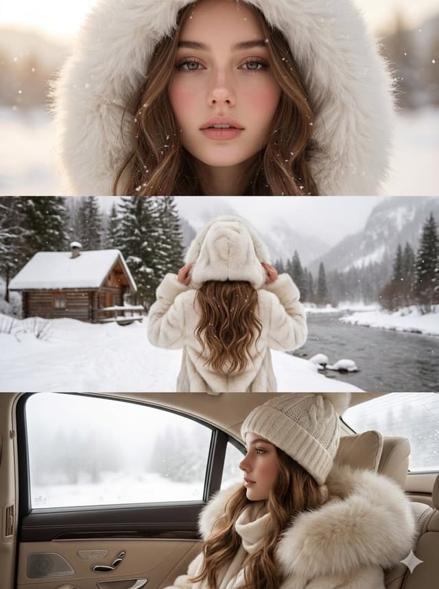 High-Quality Vertical Collage of a Young Woman in Luxury Winter Style — output