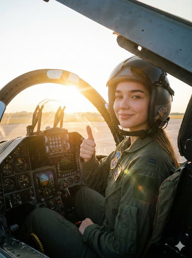 Cinematic Female Fighter Pilot Portrait at Sunset — output