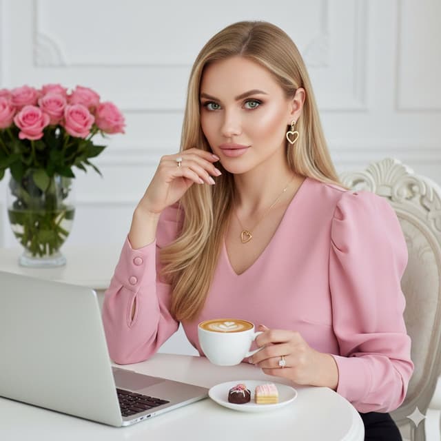 Elegant Professional Portrait with Coffee and Roses Prompt — output
