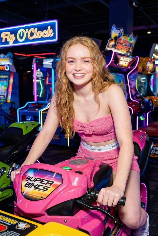 Vibrant Arcade Portrait with Neon Lighting — output