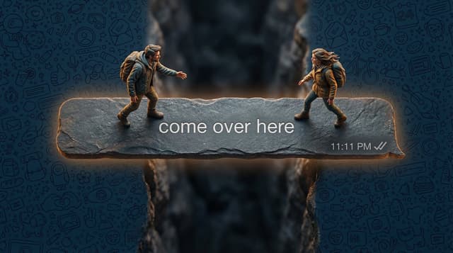 Hyper-realistic macro photography of tiny humans on a WhatsApp speech bubble bridge — output