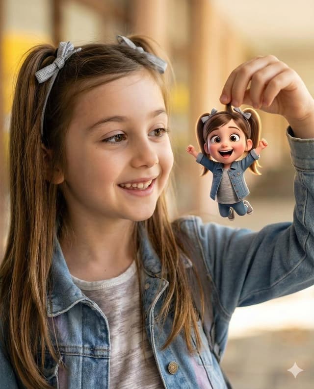 Whimsical Portrait Blending Realism with Tiny Pixar Character — output