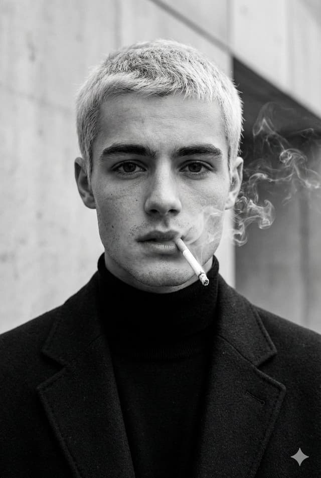 High-Fashion Black and White Portrait with Cigarette Smoke — output