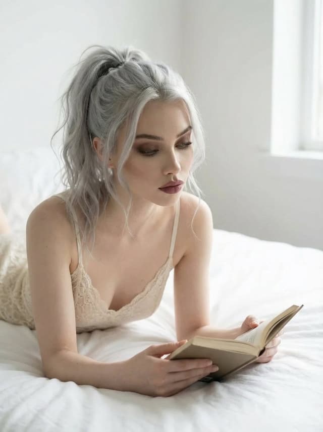 Editorial Portrait of Woman Reading on White Bed — output