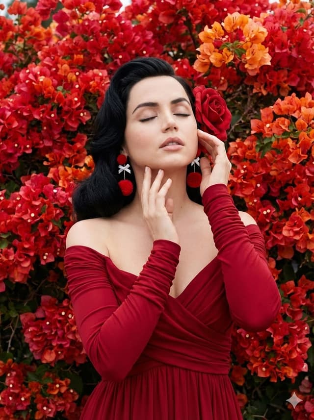 Ultra-HD portrait of Ana de Armas in a crimson gown surrounded by red flowers — output