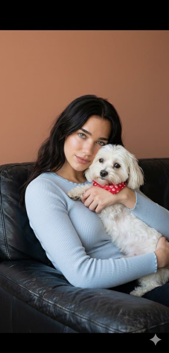 Dua Lipa Cozy Portrait with Maltese Dog Prompt — output