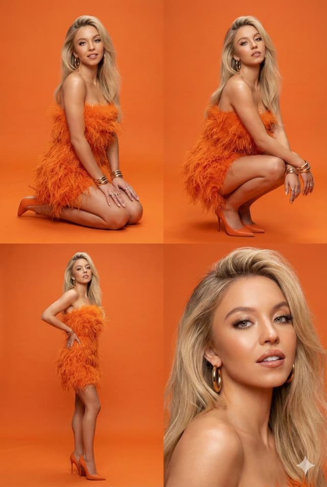 Monochromatic Orange High-Fashion Editorial with Pose Variations — output