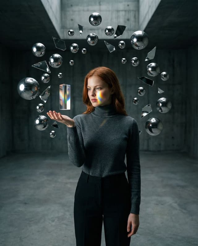 Surreal Brutalist Portrait with Kinetic Chrome Orbits Prompt in JSON — output