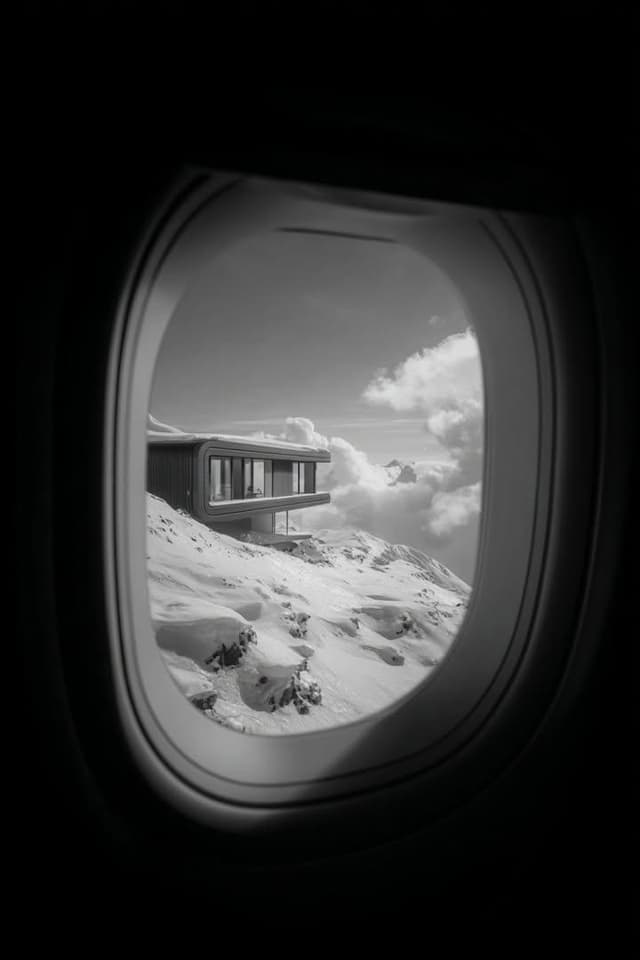Black and White Futuristic House from Airplane Window — output