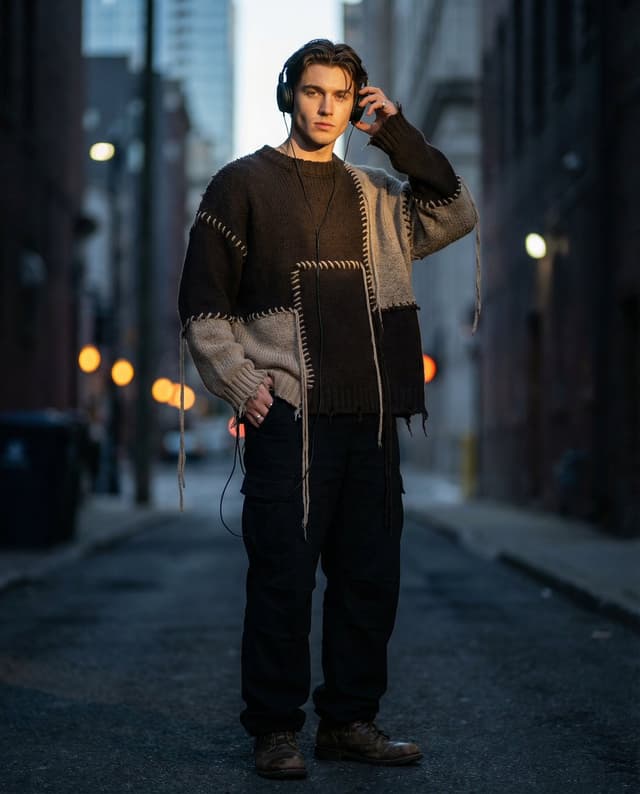 Editorial Street Fashion Portrait with Patchwork Knitwear — output