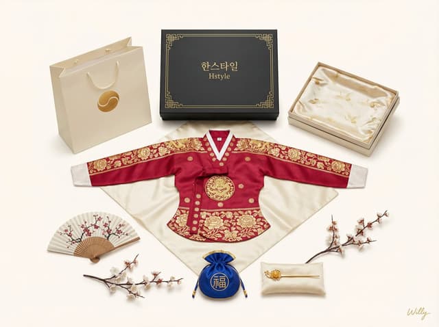 E-commerce Main Image - Luxury Korean Hanbok Product Mockup (Symmetrical Flat Lay) — output