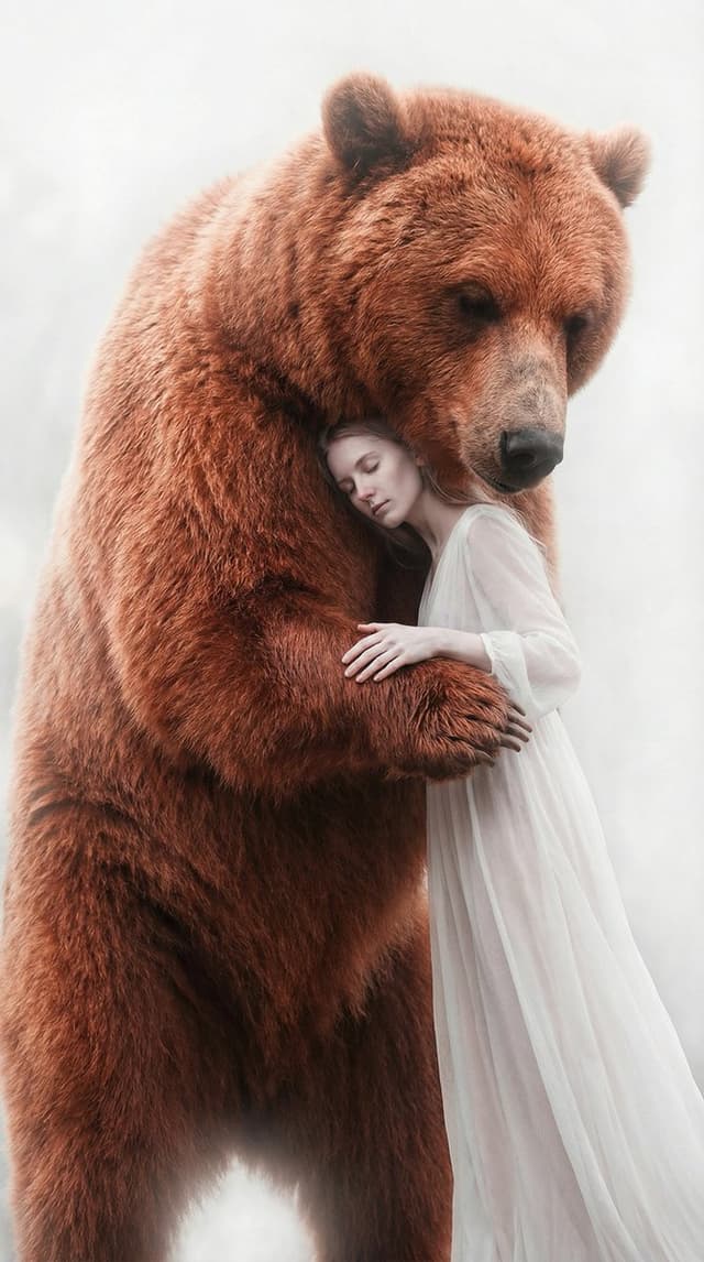 Surreal Scene of Human Embracing Massive Red Bear Prompt — output