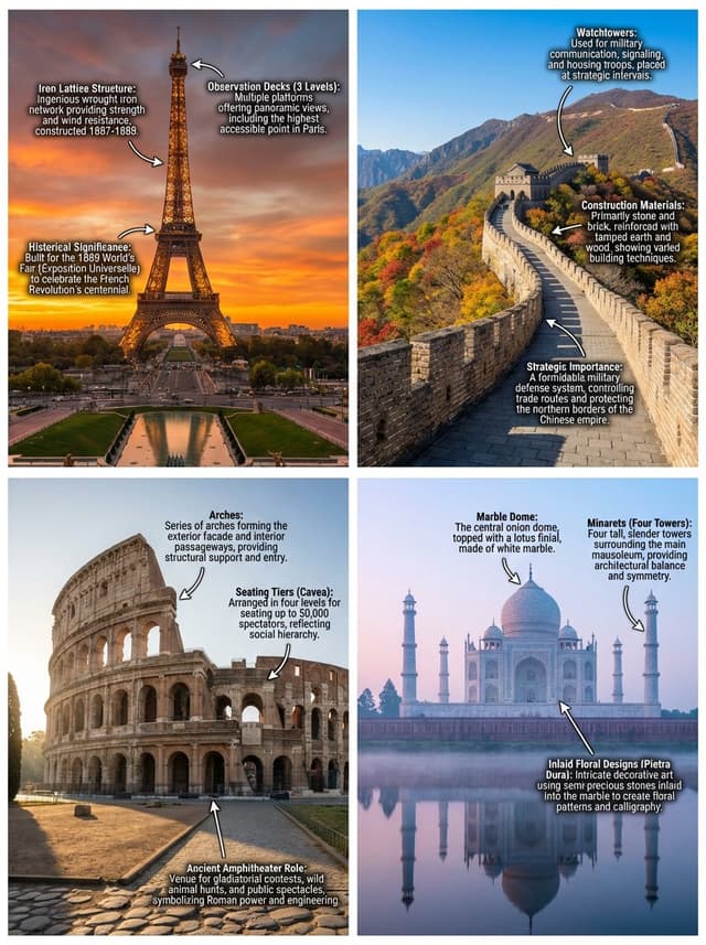 Annotated landmark images of Eiffel Tower, Great Wall, Colosseum, Taj Mahal — output