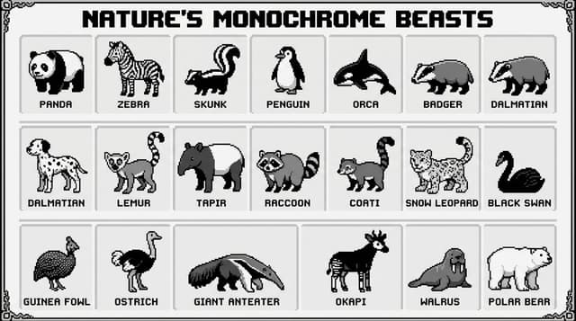16-bit pixel art poster of black-and-white animals — output
