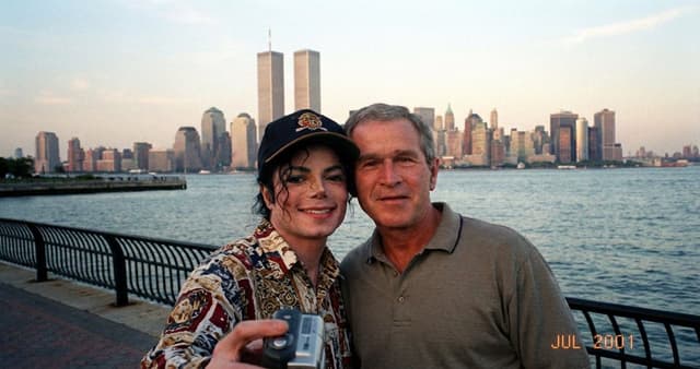 Historical celebrity selfie scene prompt (Michael Jackson and George W. Bush) — output