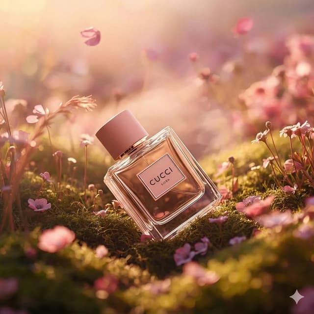 E-commerce Main Image - Hyper-realistic luxury perfume product shot in fantasy meadow — output
