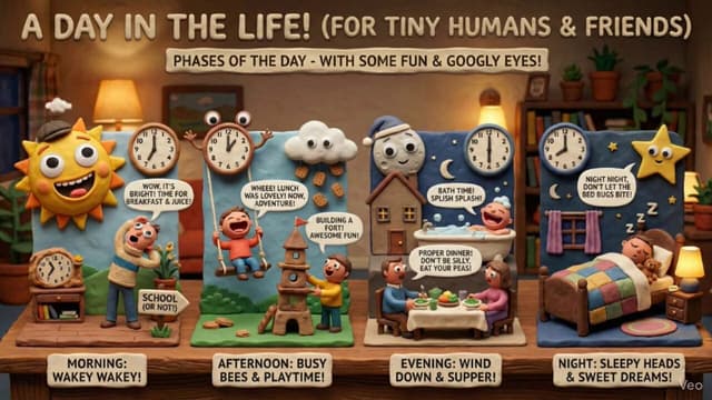 Claymation day phases infographic for kids — output