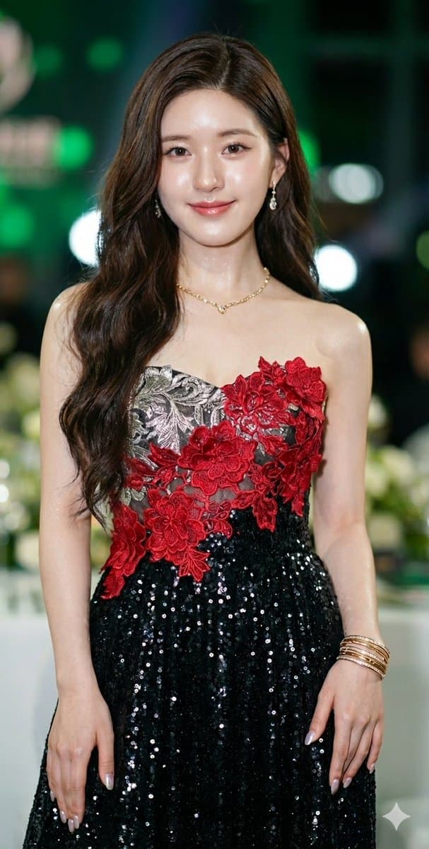 Macro portrait of Zhao Lusi in a high-glamour black and red sequined gown — output