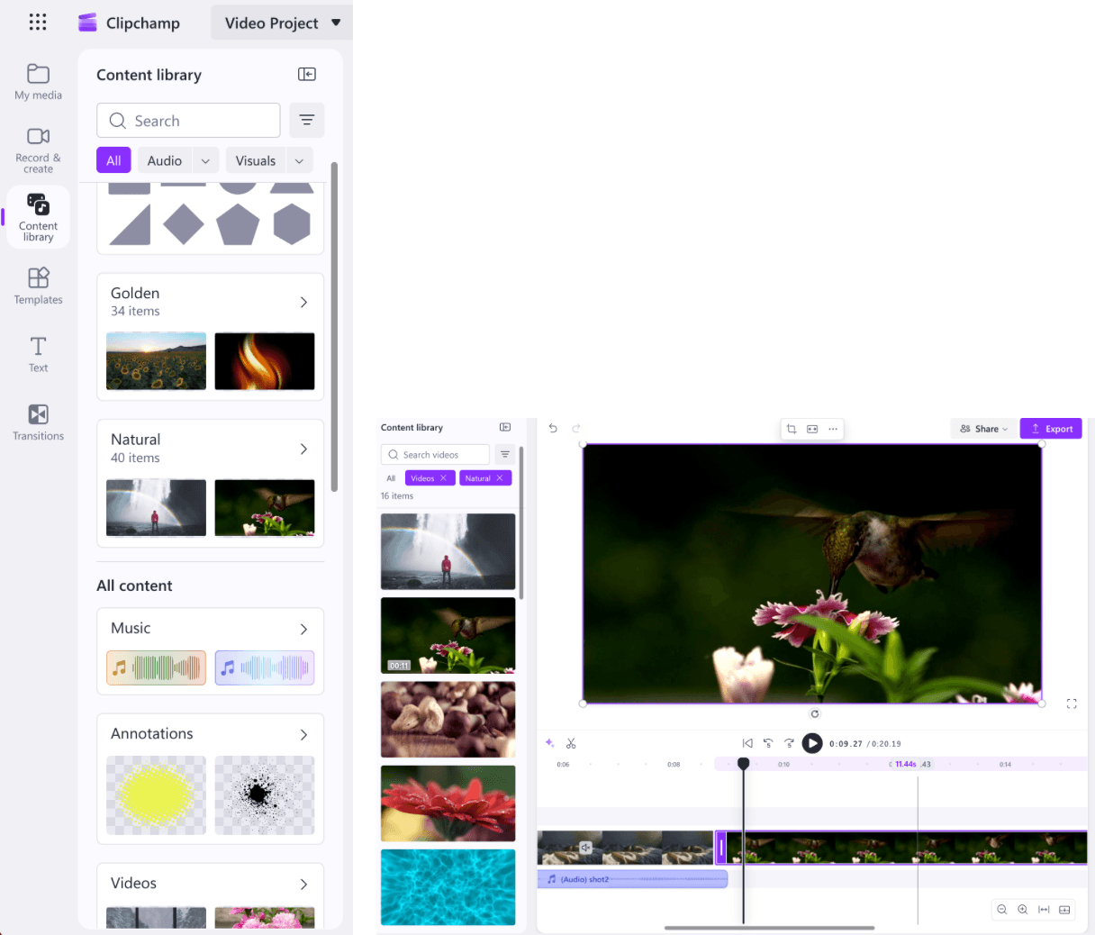 Clipchamp browser editor displaying its stock library, video preview, timeline, and export controls