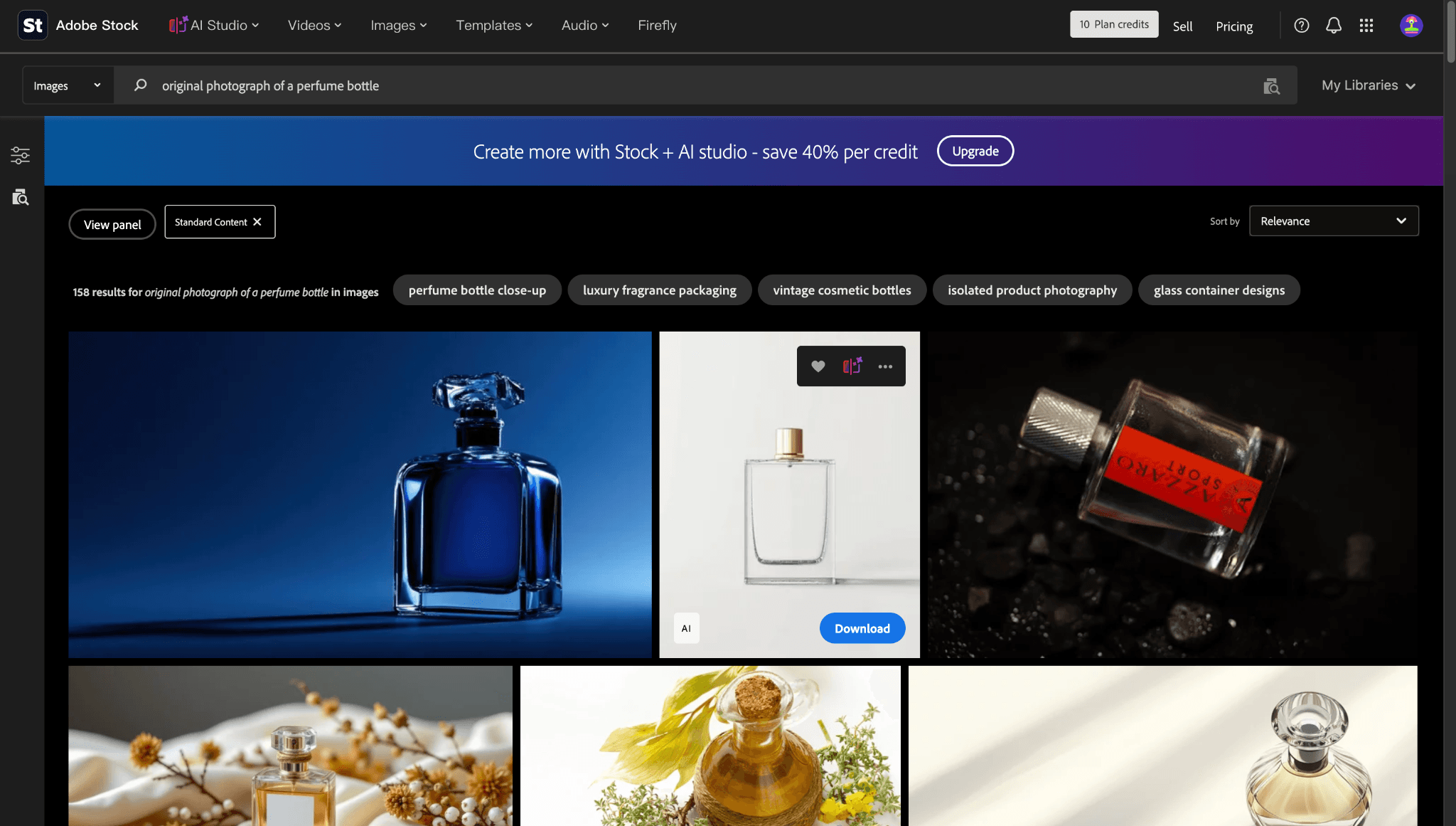 Adobe Stock AI Studio showing a selected perfume bottle and licensing options