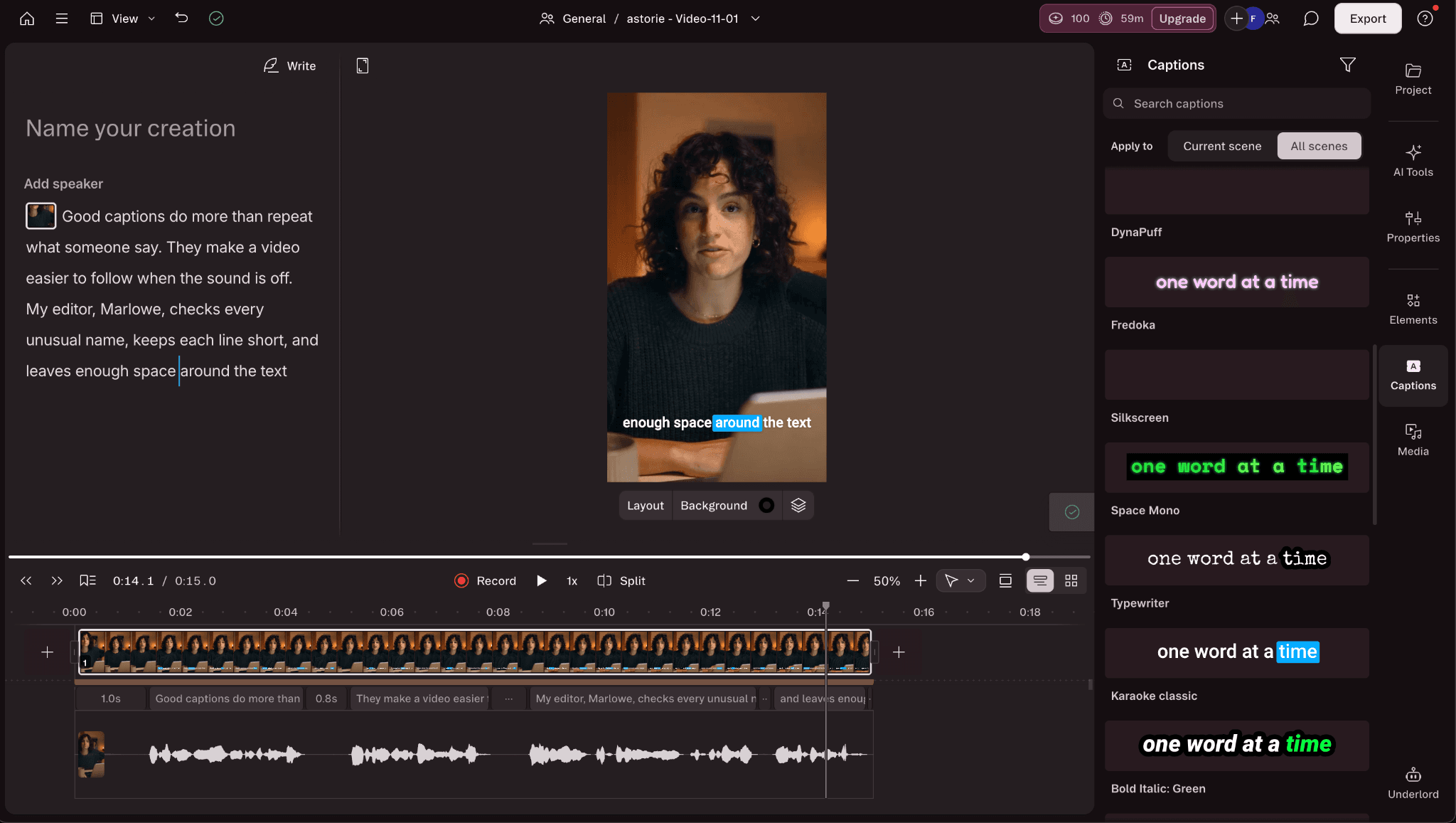 Descript editor showing a transcript beside a vertical video preview and caption-style controls