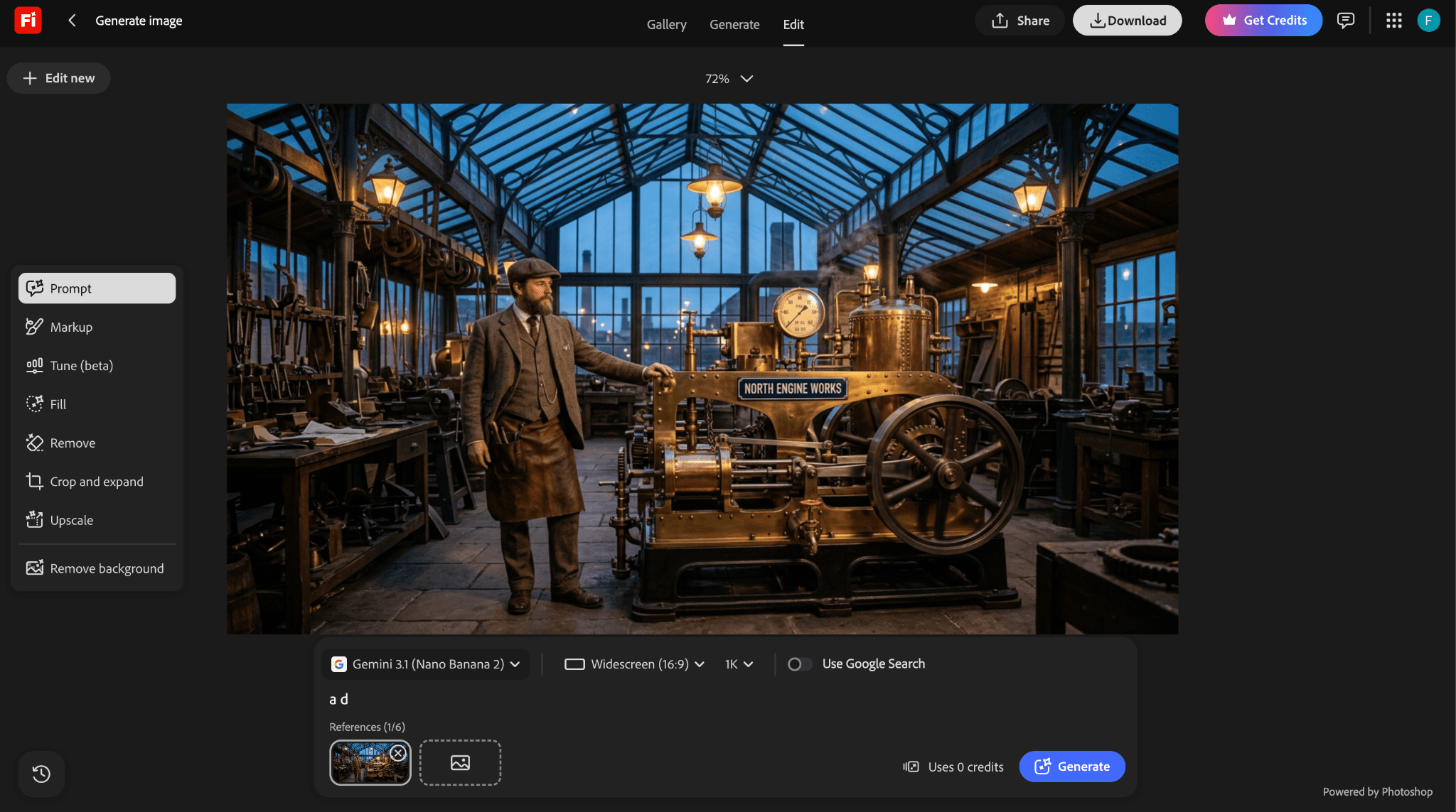 Adobe Firefly Generate image workspace displaying a 16:9 steampunk workshop result