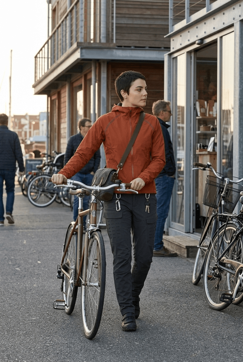 Mara in a coastal street scene generated with a structured identity and scene prompt