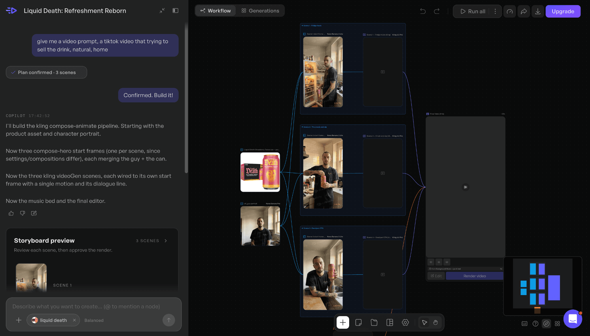 Creatify agent building a connected AI UGC advertising workflow from a product image