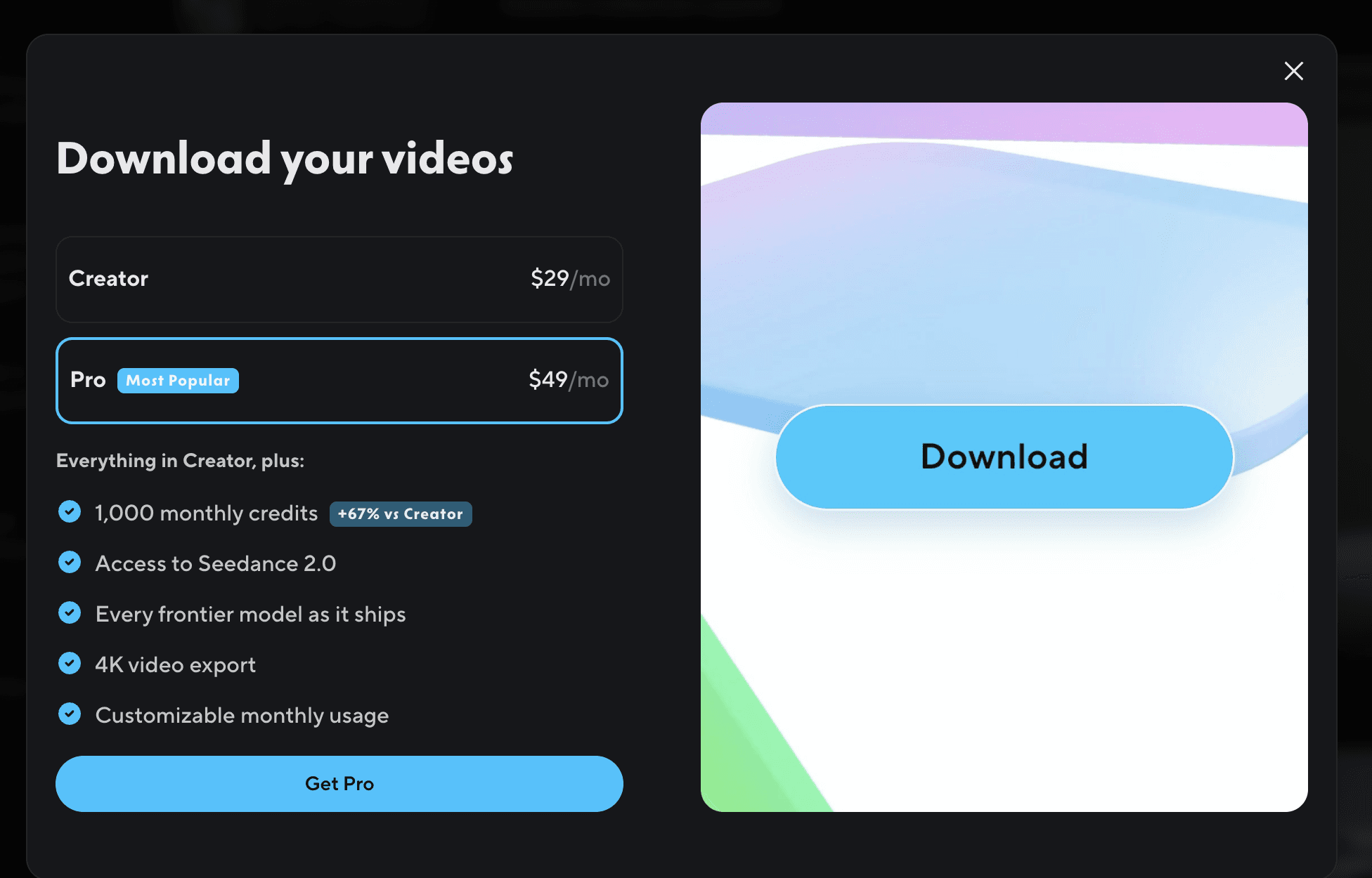 HeyGen upgrade screen displayed when attempting to download the finished avatar video